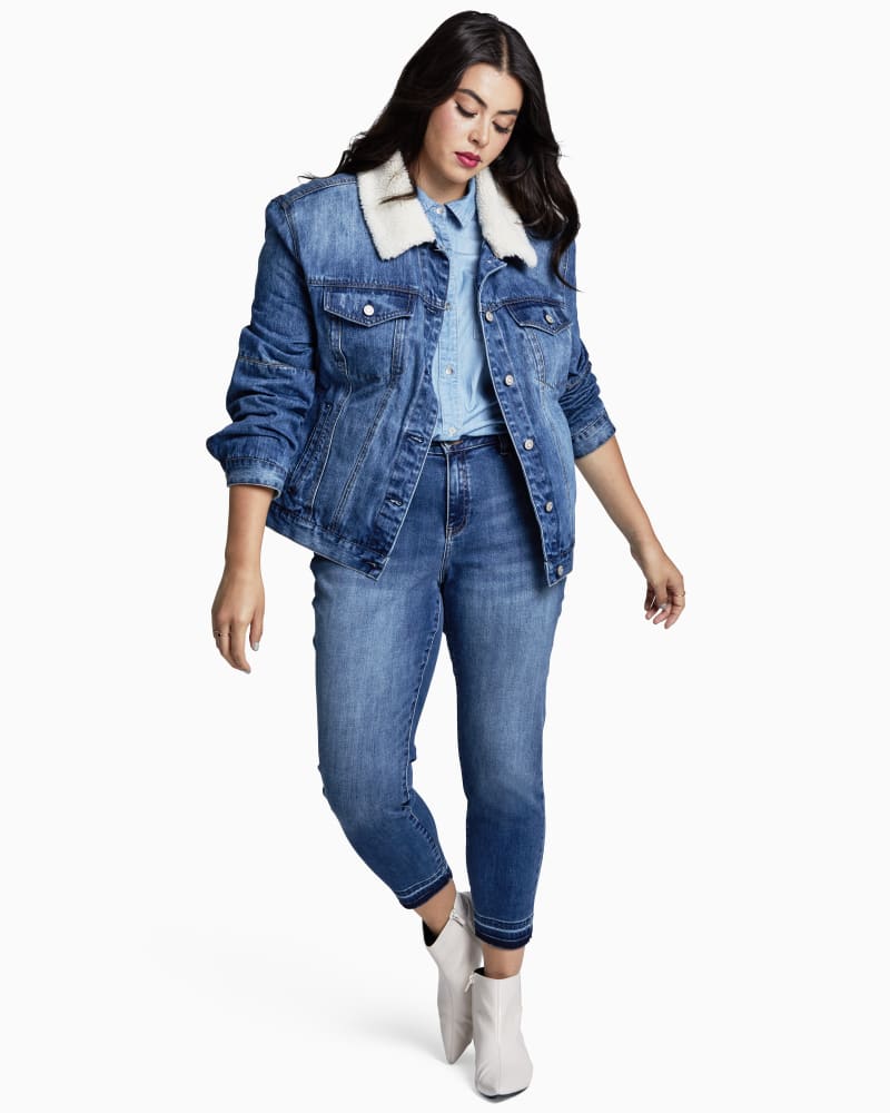 Plus size model with rectangle body shape wearing Kassia Sherpa Denim Jacket by Kensie | Dia&Co | dia_product_style_image_id:111640